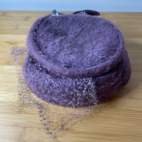 Vintage Mystere Purple Violet Imported Fur Hat Veil Netting Crystals Size 23 - Picture 4 of 9